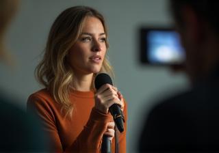 Photo of a person confidently speaking into a microphone or camera.