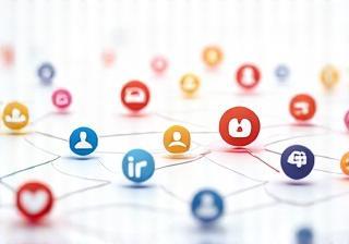 Abstract visualization of interconnected social media icons.